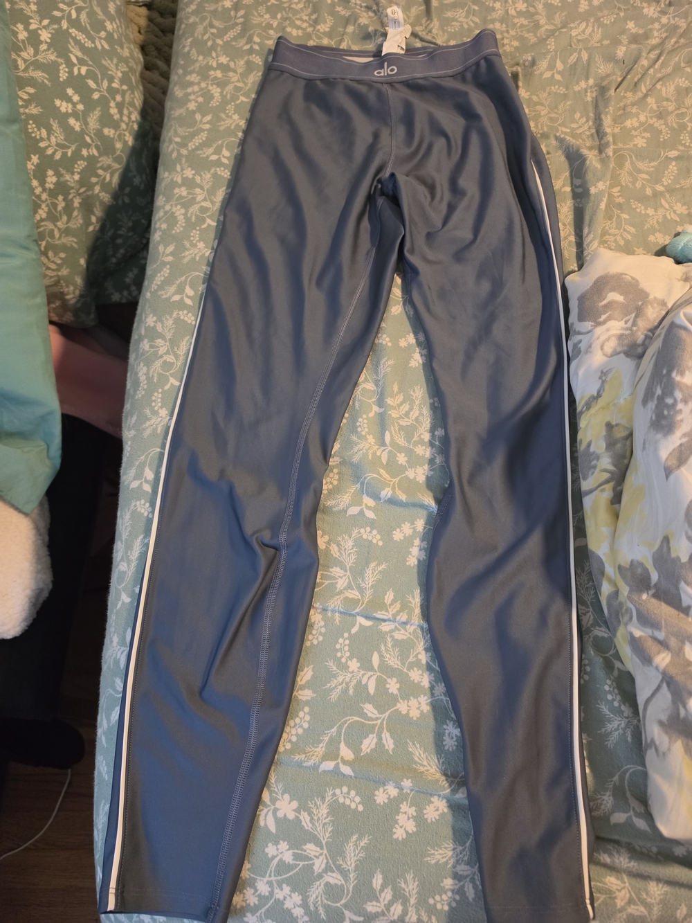 ALO Yoga Slate Blue High-Rise Leggings with Pinstripe Waistband